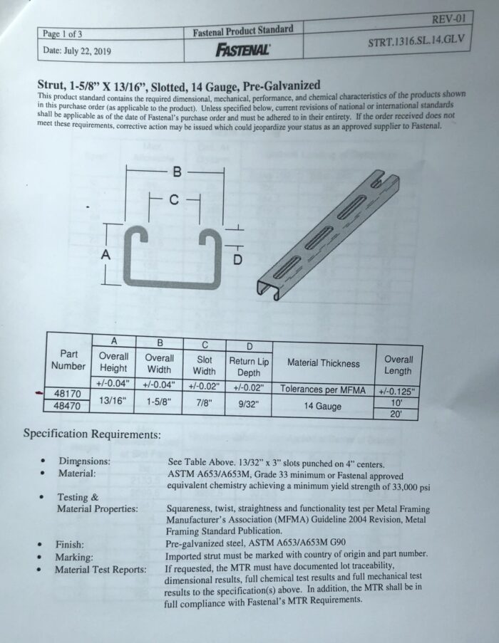 Unistrut technical sheet for Varden keys
